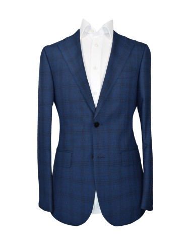 LORO PIANA -BLUE WITH NAVY DISTORTED GOLD PLAID WINDOWPANE